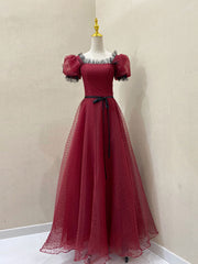 Formal Dresses Midi, Burgundy Tulle Lace Long Prom Dress, Burgundy Evening Dress