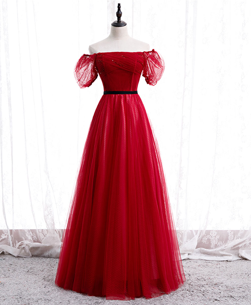 Prom Dresses Under 112, Burgundy Tulle Lace Long Prom Dress Burgundy Formal Dress