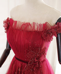 Prom Dresses Pink, Burgundy Tulle Lace Long Prom Dress Burgundy Tulle Lace Evening Dress