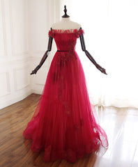 Prom Dresses Inspired, Burgundy Tulle Lace Long Prom Dress Burgundy Tulle Lace Evening Dress