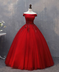 Hoco, Burgundy Tulle Lace Off Shoulder Long Prom Gown Burgundy Evening Dress