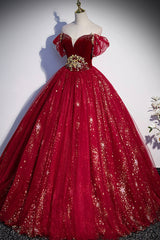 Bridesmaid Dress Elegant, Burgundy Tulle Long A-Line Ball Gown, Off the Shoulder Evening Party Dress