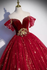 Bridesmaid Dress Formal, Burgundy Tulle Long A-Line Ball Gown, Off the Shoulder Evening Party Dress