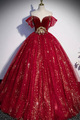Bridesmaid Dresses Long, Burgundy Tulle Long A-Line Ball Gown, Off the Shoulder Evening Party Dress
