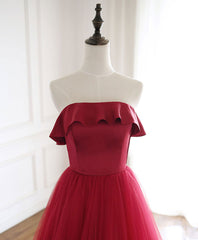 Evening Dress For Wedding Guest, Burgundy Tulle Long Prom Dress, A line Burgundy Formal Party Dress