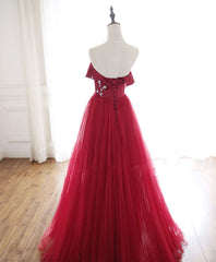 Evening Dresses For Wedding Guest, Burgundy Tulle Long Prom Dress, A line Burgundy Formal Party Dress