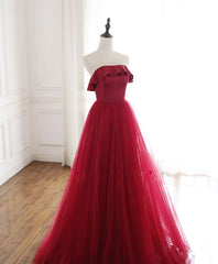 Evening Dresses Off The Shoulder, Burgundy Tulle Long Prom Dress, A line Burgundy Formal Party Dress