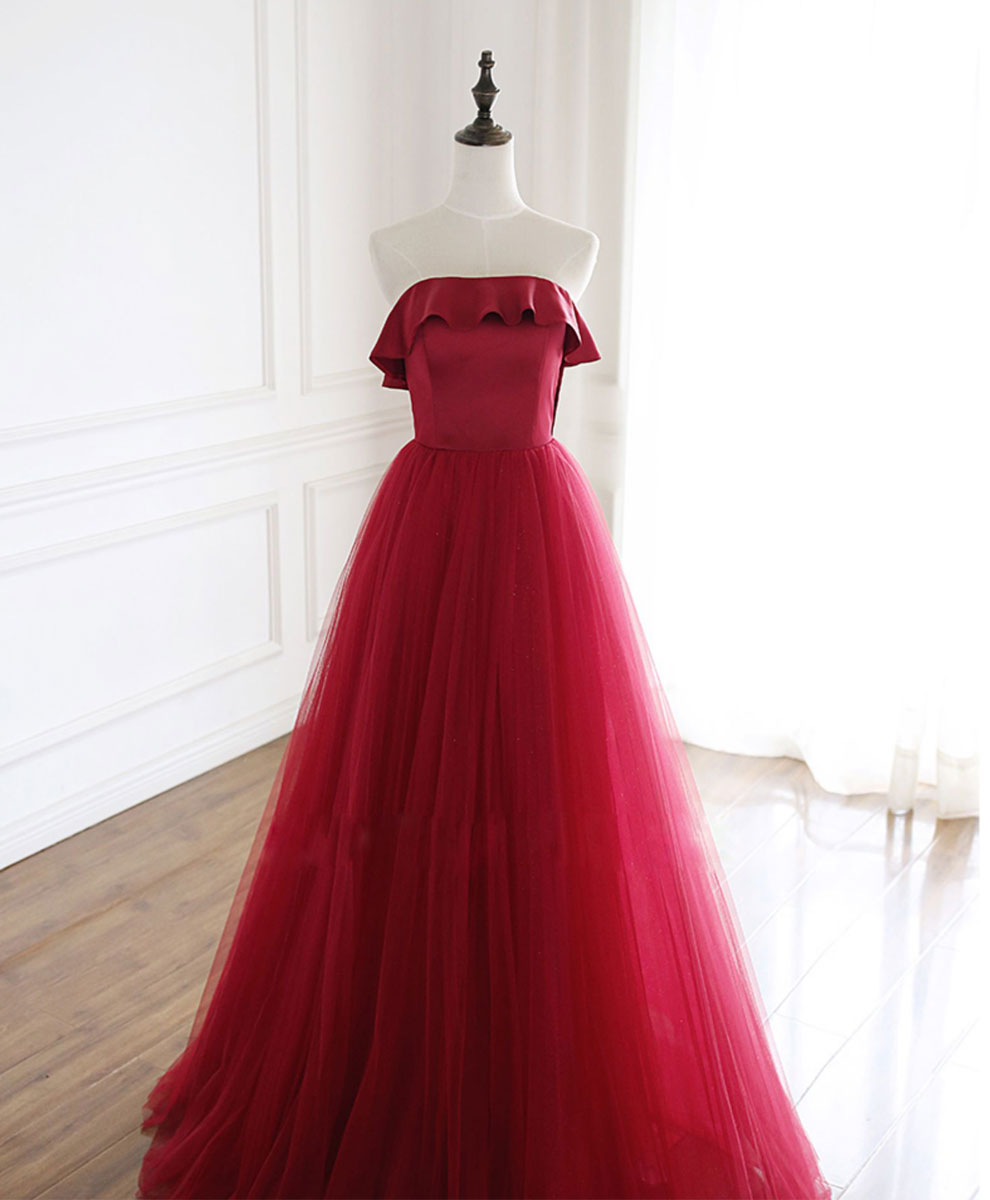 Evening Dresses For Weddings Guest, Burgundy Tulle Long Prom Dress, A line Burgundy Formal Party Dress