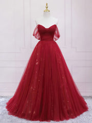 Summer Wedding Guest Dress, Burgundy Tulle Long Prom Dress, Burgundy Evening Dress