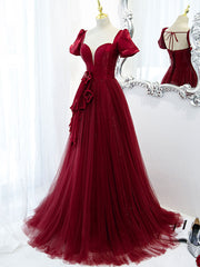 Best Prom Dress, Burgundy Tulle Long Prom Dress, Burgundy Tulle Evening Dress