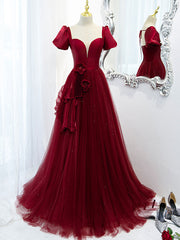 Mermaid Prom Dress, Burgundy Tulle Long Prom Dress, Burgundy Tulle Evening Dress