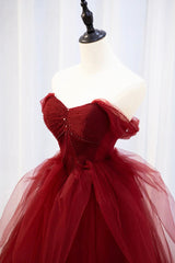 Bridesmaids Dresses Colorful, Burgundy Tulle Long Prom Dress with Beaded, Burgundy Off Shoulder Evening Dress