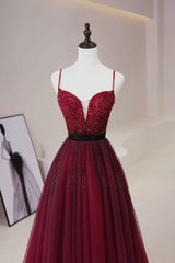 Formal Dresses For Ladies Over 59, Burgundy Tulle Long Prom Dress with Beaded, Spaghetti Straps Evening Dress