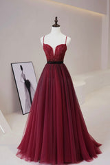 Black Gown, Burgundy Tulle Long Prom Dress with Beaded, Spaghetti Straps Evening Dress