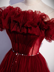 Formal Dress For Graduation, Burgundy Tulle Off Shoulder Long Prom Dress, Burgundy Evening Dress