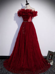 Formal Dresses Floral, Burgundy Tulle Off Shoulder Long Prom Dress, Burgundy Evening Dress