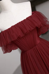 Dress, Burgundy Tulle Off the Shoulder Prom Dress, Long A-Line Evening Dress