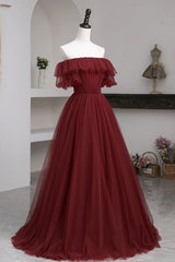 Prom Dress Yellow, Burgundy Tulle Off the Shoulder Prom Dress, Long A-Line Evening Dress