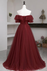 Prom Dresses Green Emerald, Burgundy Tulle Off the Shoulder Prom Dress, Long A-Line Evening Dress