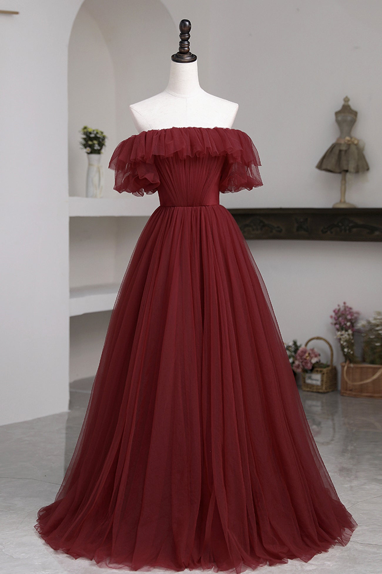 Prom Dresses Gold, Burgundy Tulle Off the Shoulder Prom Dress, Long A-Line Evening Dress