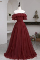 Prom Dresses Gold, Burgundy Tulle Off the Shoulder Prom Dress, Long A-Line Evening Dress