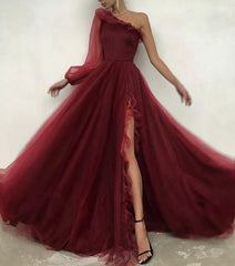 Floral Prom Dress, Burgundy tulle prom dress one shoulder evening dress