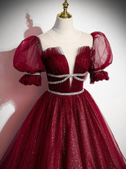 Prom Aesthetic, Burgundy Tulle Sequin Long Prom Dress, Burgundy Formal Evening Dresses