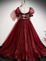 Design Dress Casual, Burgundy Tulle Sequin Long Prom Dress, Burgundy Formal Evening Dresses