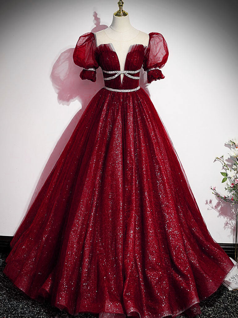 Night Club Outfit, Burgundy Tulle Sequin Long Prom Dress, Burgundy Formal Evening Dresses