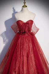 Prom Dress Pattern, Burgundy Tulle Strapless Floor Length Prom Dress, A-Line Evening Graduation Dress