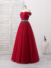 Prom Dresses Modest, Burgundy Tulle Sweetheart Neck Long Prom Dress, Burgundy Evening Dress