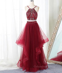 Evening Dresses Gown, Burgundy two pieces beads long prom dress, burgundy evening dress