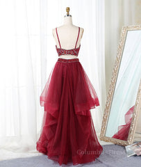 Evening Dress Black, Burgundy two pieces beads long prom dress, burgundy evening dress