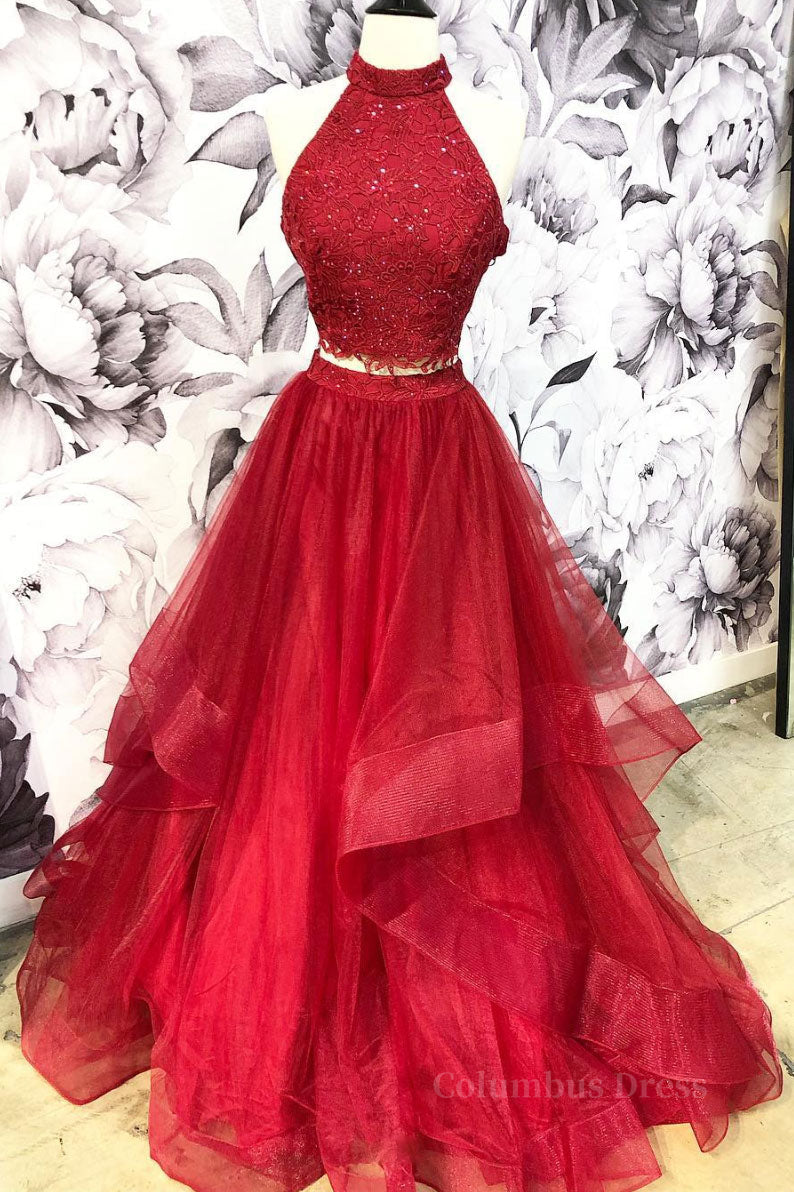 Homecoming Dresses Classy, Burgundy two pieces tulle lace long prom dress, lace evening dress