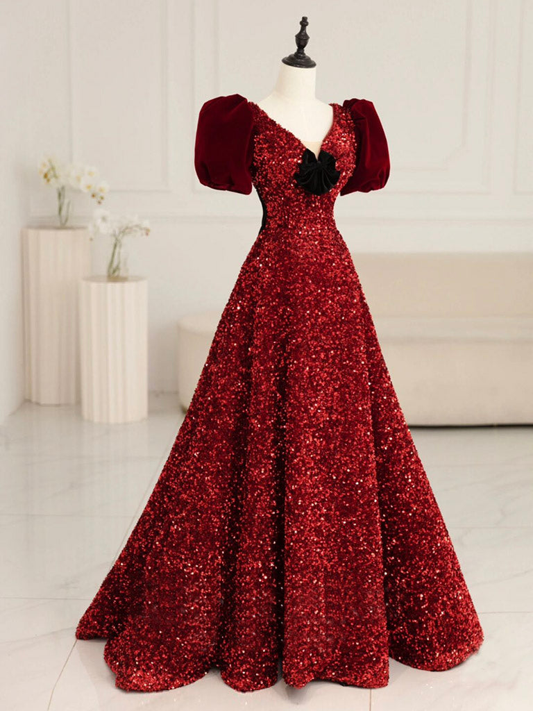 Evening Dresses V Neck, Burgundy V Neck Sequin Long Prom Dress, Burgundy Evening Dress