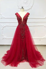 Homecoming Dresses Idea, Burgundy v neck tulle beads long prom dress, burgundy evening dress