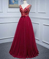 Bridesmaids Dresses On Sale, Burgundy V Neck Tulle Lace Long Prom Dress, Burgundy Evening Dress