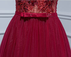 Bridesmaid Dress On Sale, Burgundy V Neck Tulle Lace Long Prom Dress, Burgundy Evening Dress