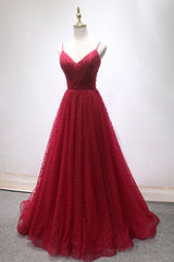 Evening Dresses Long Sleeve, Burgundy V-Neck Tulle Long Prom Dress, A-Line Backless Evening Party Dress