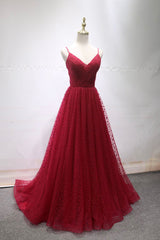 Evening Dress Long Sleeve, Burgundy V-Neck Tulle Long Prom Dress, A-Line Backless Evening Party Dress