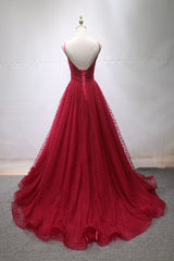 Evening Dresses 3 13 Sleeve, Burgundy V-Neck Tulle Long Prom Dress, A-Line Backless Evening Party Dress