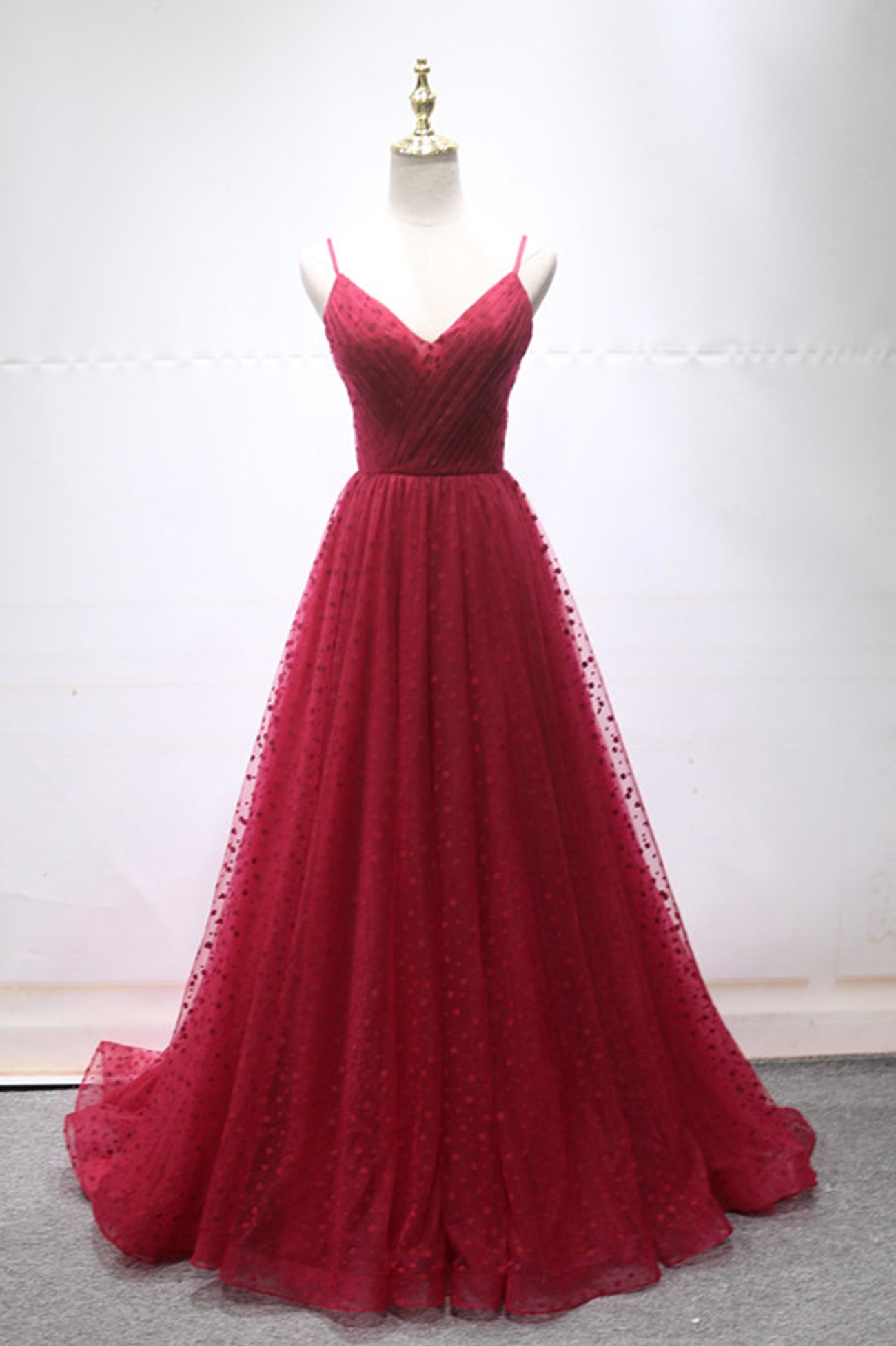 Evening Dresses Midi, Burgundy V-Neck Tulle Long Prom Dress, A-Line Backless Evening Party Dress