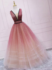 Bridesmaid Dress For Girls, Burgundy V Neck Tulle Long Prom Dress Burgundy Long Evening Dress