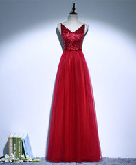 Bridesmaids Dresses Different Styles, Burgundy V Neck Tulle Long Prom Dress, Evening Dress