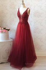 Short Black Dress, Burgundy v neck tulle sequin lace long prom dress