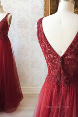 Prom Dresses Long, Burgundy v neck tulle sequin lace long prom dress