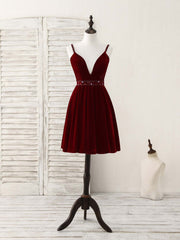 Party Dresses Short Tight, Burgundy V Neck Velvet Short Prom Dress, Burgundy Homecoming Dress