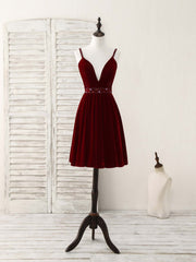 Party Dress Short Tight, Burgundy V Neck Velvet Short Prom Dress, Burgundy Homecoming Dress