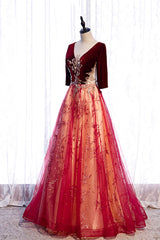 Prom Dress Emerald Green, Burgundy V-Neck Velvet Tulle Long Prom Dress, A-Line 1/2 Sleeve Evening Dress