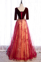 Prom Dresses Emerald Green, Burgundy V-Neck Velvet Tulle Long Prom Dress, A-Line 1/2 Sleeve Evening Dress